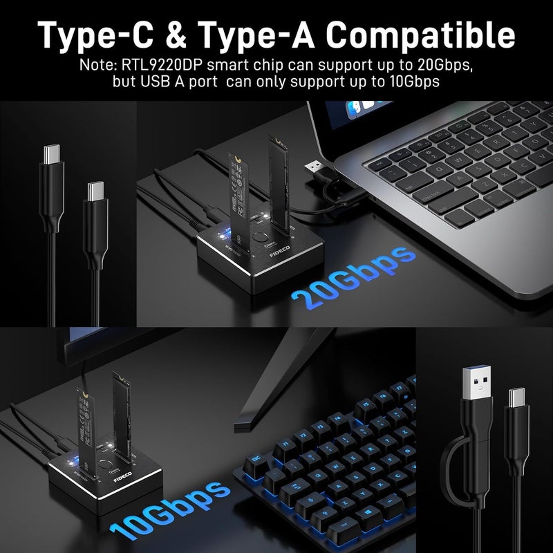 FIDECO M.2 NVMe SATA SSD Cloner Dock, USB 3.2 Gen 2 X 2, 20Gbps Dual NVMe SATA SSD Enclosure, M.2 Duplicator Cloner, Support Offline Clone, UASP and Trim, Aluminum Design - Image 3
